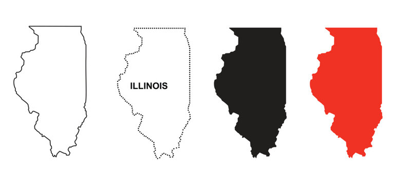 Illinois map outline set with black dotted line, solid black, and red fill designs isolated.
