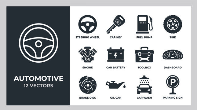 Automotive and car parts vector icon set featuring steering wheel, key, battery, engine, and service tools