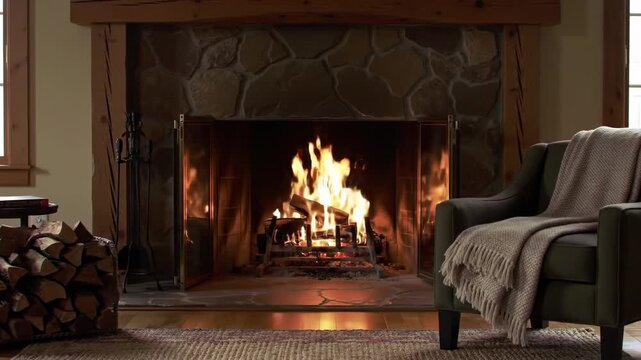  Cozy living room with a roaring fireplace and a comfortable armchair with a throw blanket, inviting warmth and relaxation, perfect for winter or holiday themes