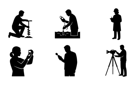 Industrial Survey Icons Set: Soil Drilling, Water Testing, Scientist, Photographer, Geologist, Cinematographer Silhouettes