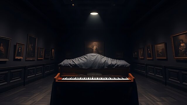 A museum gallery with a single harpsichord covered in velvet under a dramatic spotlight.