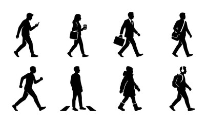 Obraz premium Diverse Pedestrian Silhouettes: Walking, Running, Business, Casual, and Mobile Users, Vector Icons for Urban Life and Mobility Concepts