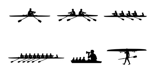 Rowing Boat Silhouettes, Diverse Crew Sizes, Water Sports Vector Icons, Competitive Racing and Training Elements © Mamun
