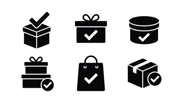 Gift Box And Shopping Bag Icons With Checkmarks Black Silhouette On White Background present