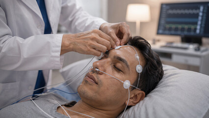 Fototapeta premium Nurse prepares patient for sleep study in a clinical setting in the evening