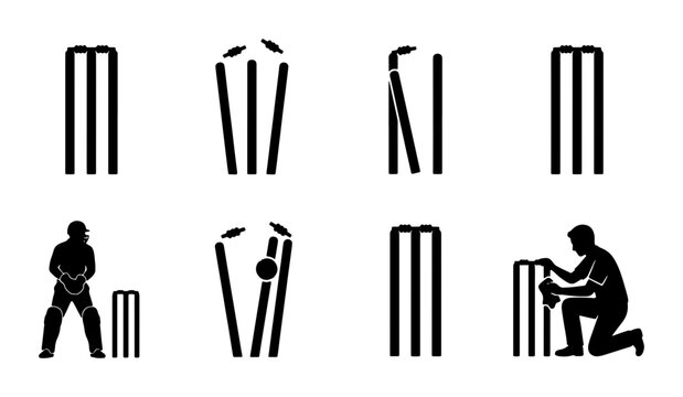 Cricket Wicket Icons Set, Sports Equipment Vector Graphics, Baseball Stumps Collection, Athletic Game Elements, Professional Sport Symbols