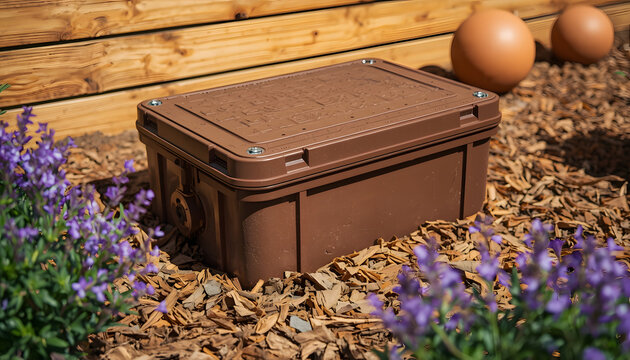 Brown Plastic Storage Box in Garden with Purple Flowers and Wooden Fence