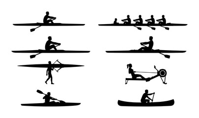 Rowing and Kayaking Silhouettes: Diverse Water Sports Icons, Single Scull, Crew Boat, Canoe, and Indoor Rower Vector Set © Mamun