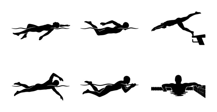 Swimming Strokes Vector Set, Aquatic Sport Silhouettes, Freestyle and Butterfly Actions, Diving Board Start, Pool Competition Graphics