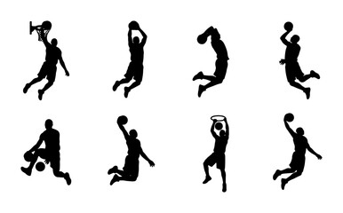 Basketball Player Silhouettes, Dynamic Dunking Actions, Sports Vector Icons, Athletic Movement Graphics, Dynamic Dunking Vector Set © Sirajul