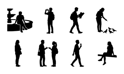 Obraz premium Diverse Human Silhouettes Set, People Poses Vector Collection, Urban Life Scenes, Casual Activity Icons, Black and White Graphic Elements