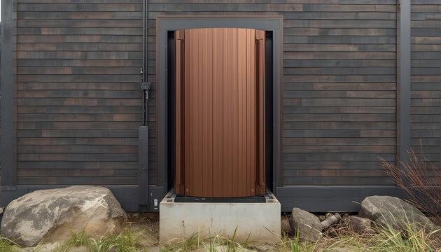 Brown Metal Door on Dark Wooden Shed with Rocks and Grass