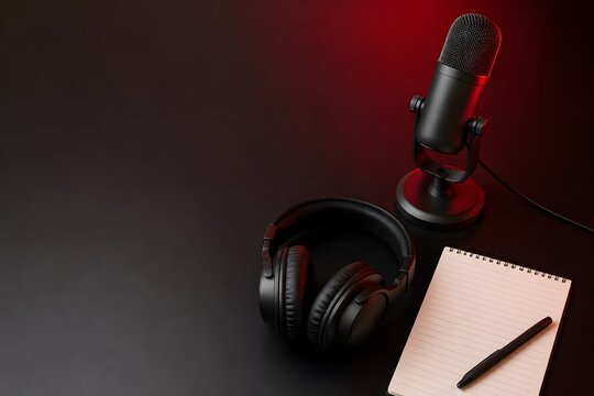 Minimal podcast recording desk with microphone and headphones