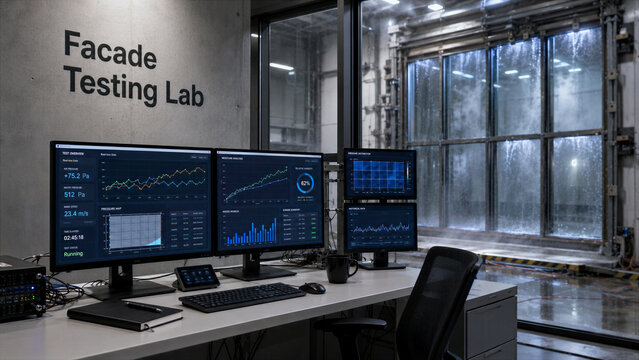 Facade testing lab shows digital screens with data and water testing setup for building materials evaluations