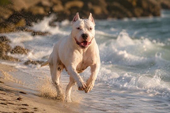 dogo argentino running at beach
