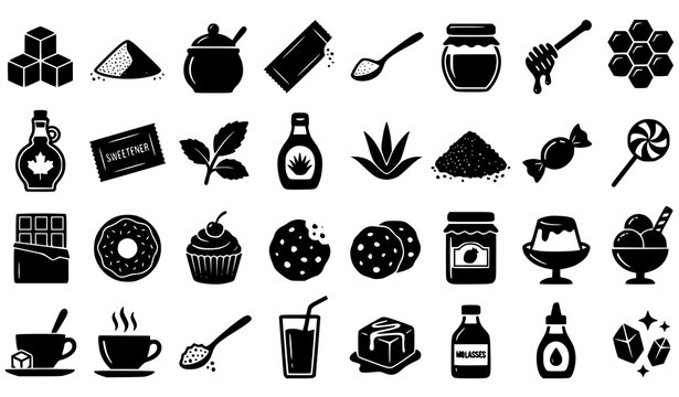 Sugar and Sweetener Solid Fill Icon Set &ndash; Vector Icons of Sugar Cubes, Honey, Syrup and Sweet Food Ingredients