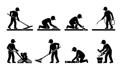Fototapeta premium Construction Worker Icons: Paving, Tiling, and Maintenance Actions, Set of 8 Vector Graphics for Building and Renovation Projects