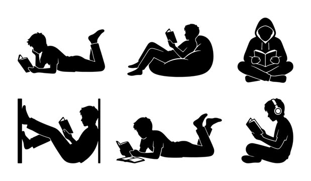 Diverse Reading Silhouettes: People Enjoying Books in Various Poses, Vector Icons for Education and Leisure