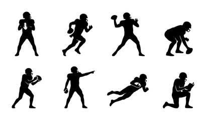 Obraz premium American Football Player Silhouettes, Dynamic Action Poses, Gridiron Sport Graphics, Vector Set for Athletic Design