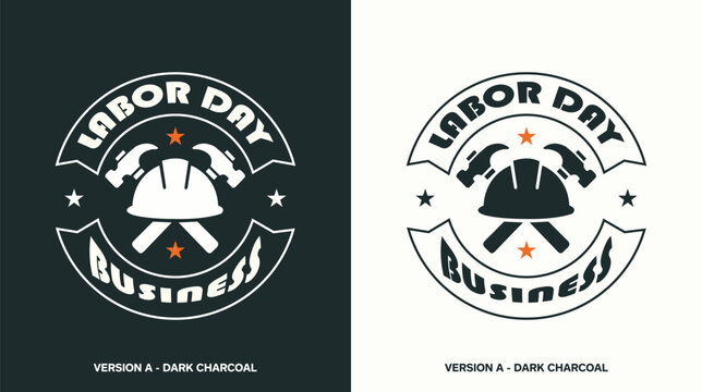 Labor day and business construction vector badge logo design bundle, retro circular emblem template with crossed hammers safety hard hat and orange stars