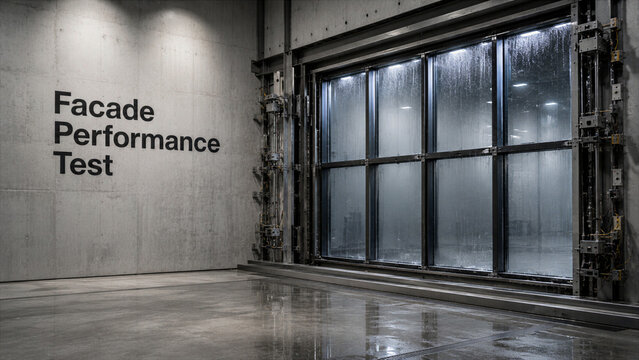 Testing a building facade under controlled conditions inside a facility for performance evaluation before real-world application