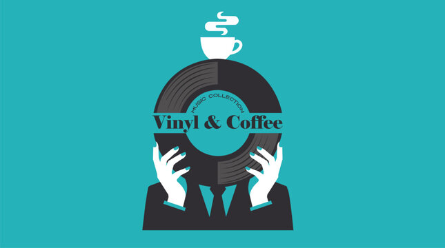 Retro vinyl and coffee music collection vector logo illustration, flat teal banner template with man in suit holding gramophone record disc and steaming hot cup