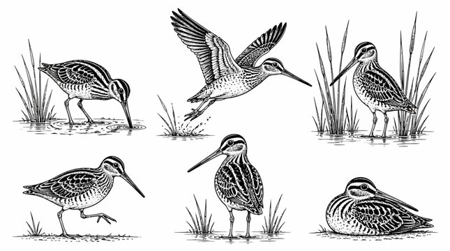 Set of hand-drawn snipe birds in various poses in nature