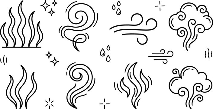 Wind smoke steam cloud icon set vector illustration line art doodle with wave swirl drop fire aroma smell