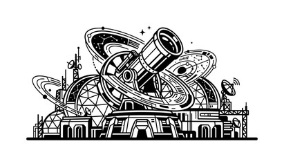 Intricate Futuristic Space Station Observatory with Large Telescopes and Cosmic Planetary Rings Line Art Illustration © YENI