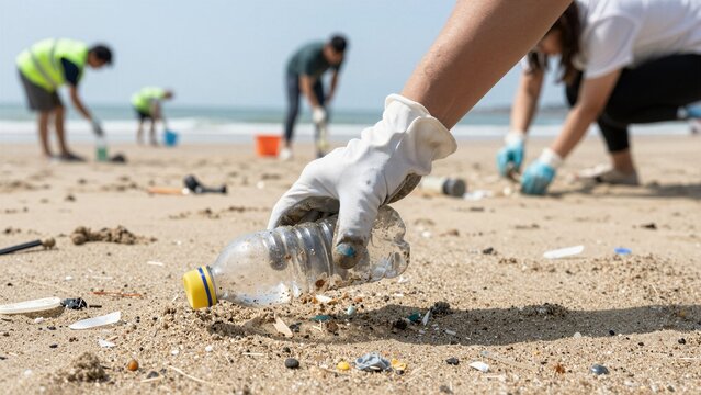 Close-up of a gloved hand picking up a plastic bottle from sandy beach, with volunteers cleaning in the background.