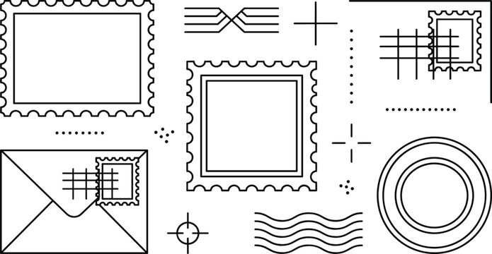 Retro postal mail stamp frame vector bundle containing envelope postmarks corrugated lines target ink marks texture design graphics