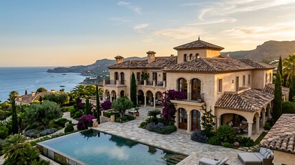 Fototapeta premium Luxury resort with infinity pool at sunset.