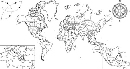 World map vector outline with countries borders compass rose flight routes and detailed regional insets for travel planning © MdMursalin