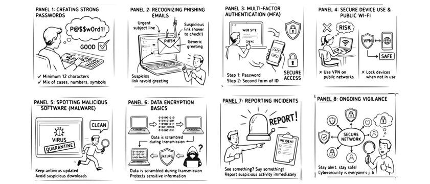 Hand drawn cyber security awareness training storyboard comic strip line art vector set