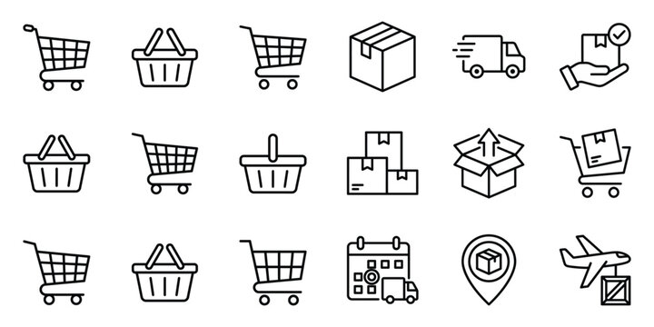 Set of retail and ecommerce thin line vector icons with shopping ecommerce delivery shipping transport purchase logistics tracking business