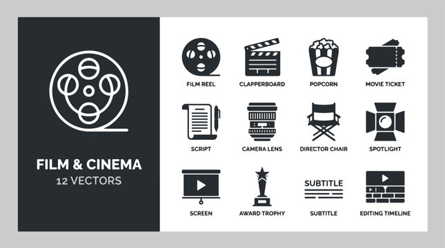 Dynamic vector icon collection showcasing essential elements of the film and cinema industry, perfect for illustrating movie production, entertainment, and digital media projects
