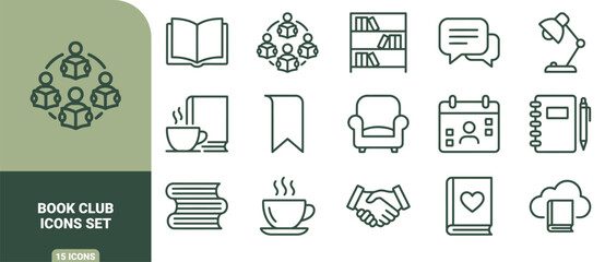 Book club icon set, including of people reading, bookshelves, coffee cups, armchairs, calendars, notebooks, and handshakes in green line © Gra-fix PNG