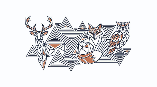 Geometric animal trio deer fox owl with triangles background