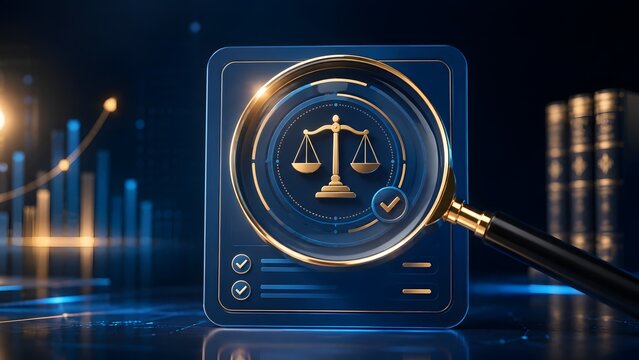 Magnifying glass focusing on a legal scale icon and document representing financial auditing and corporate law compliance.