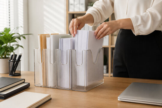 Female Professional Organizing Business Documents And Envelopes In Clear Acrylic Sorter