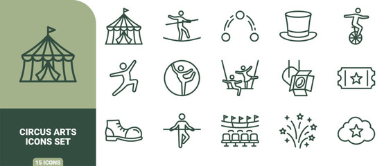 Circus arts icon set featuring big tent, acrobat, tightrope walker, unicycle, hat, trapeze, spotlight, ticket, clown shoe, and fireworks © Gra-fix PNG
