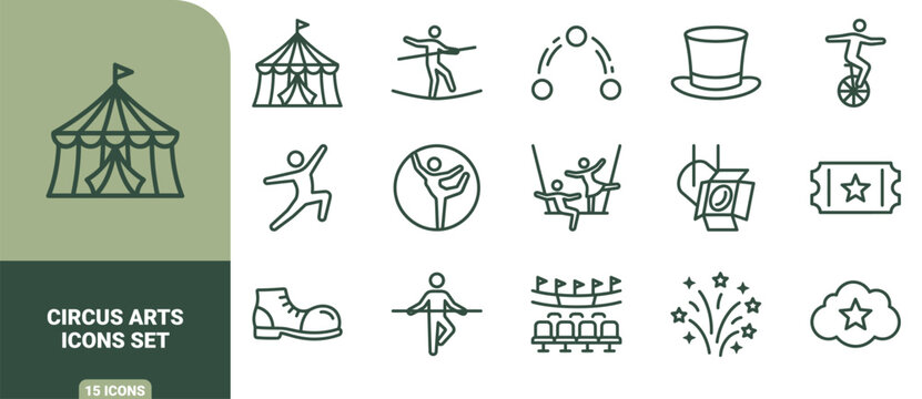 Circus arts icon set featuring big tent, acrobat, tightrope walker, unicycle, hat, trapeze, spotlight, ticket, clown shoe, and fireworks