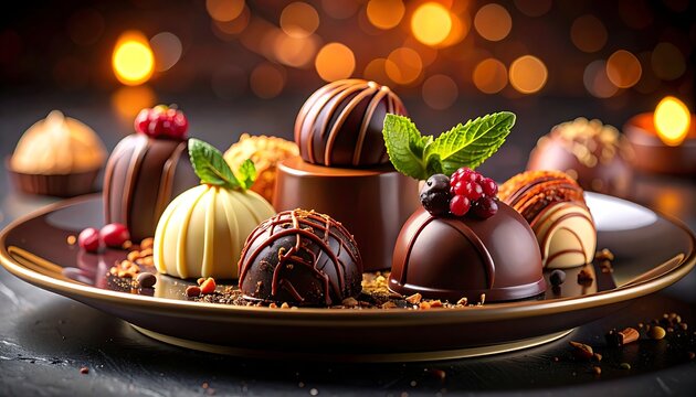 Delicious assorted chocolates on plate.