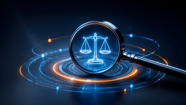 Futuristic magnifying glass focusing on a glowing blue scales of justice icon on a digital interface representing internet regulation and cyber justice