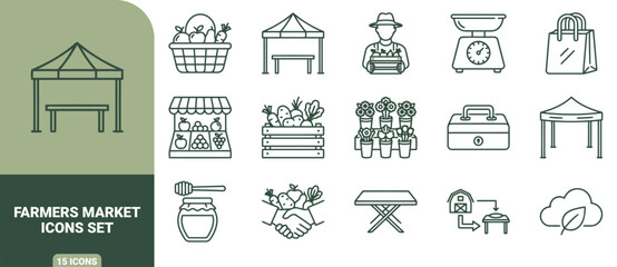 Farmers market icon set featuring outline of produce, stalls, farmers, scales, shopping bags, honey, and farm-to-table concepts © Gra-fix PNG