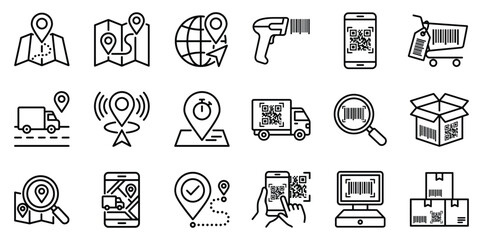 Fototapeta premium Logistics and shipping tracking line icon set with logistics shipping delivery tracking location transport warehouse inventory management