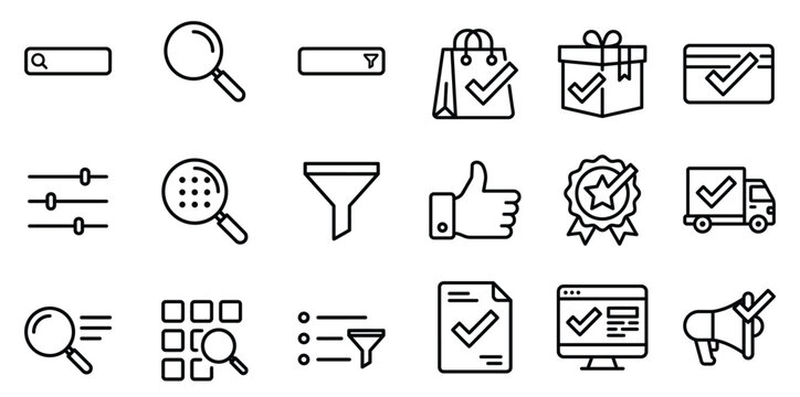 Set of ecommerce and delivery outline icons featuring shopping bags search tools verified order symbols for digital interfaces ecommerce