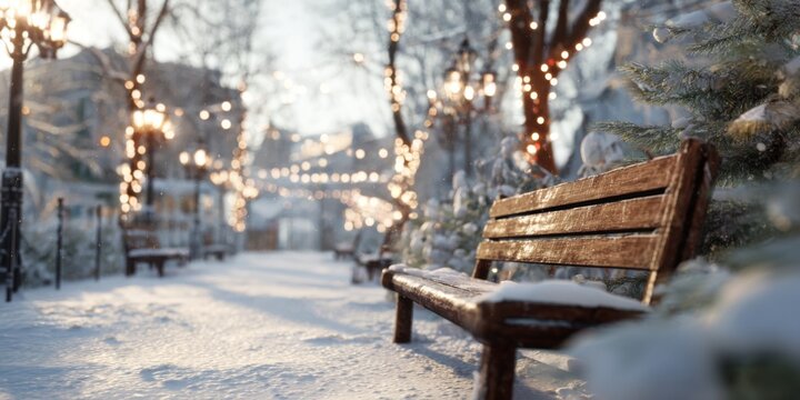 serene winter park scene with snow-covered benches and festive string lights among frosted trees