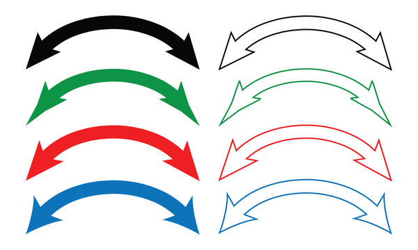 Dual sided arrow icon set. Curved arc shape. Semicircular thin double ended arrow fill and stroke both version. Dual sided arrow Vector.