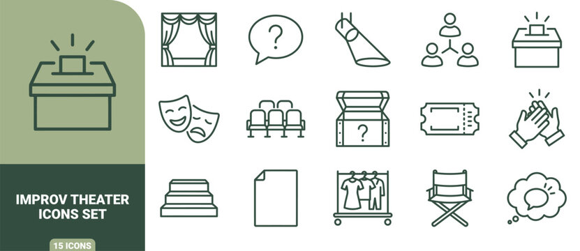 Improv theater icon set featuring outline of stage curtains, comedy masks, spotlight, voting box, clapping hands, and costume rack